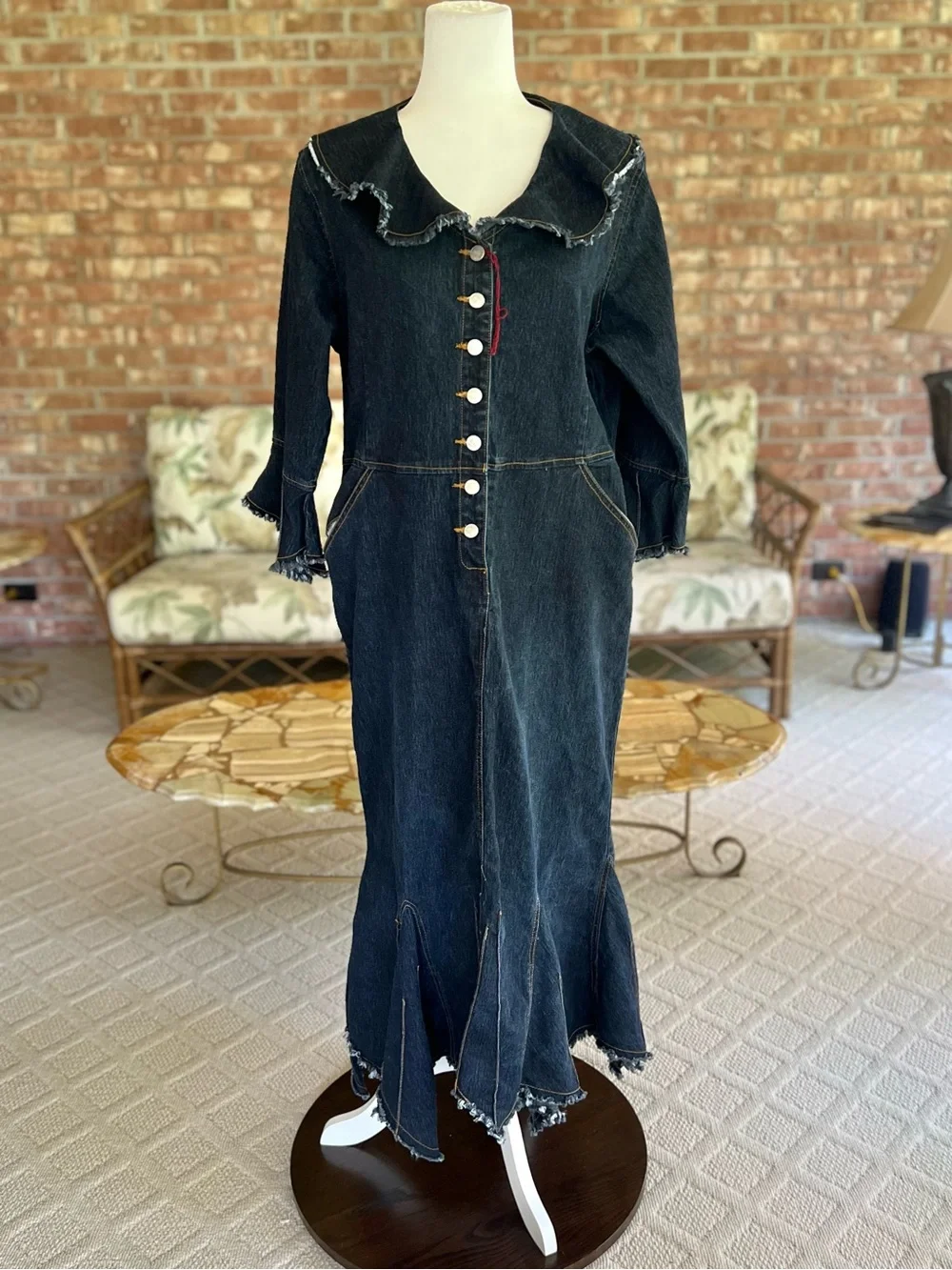 Goddess Trend Denim Midi Maxi Raw Asymmetrical Hem Dress 14 NWOT Cottagecore